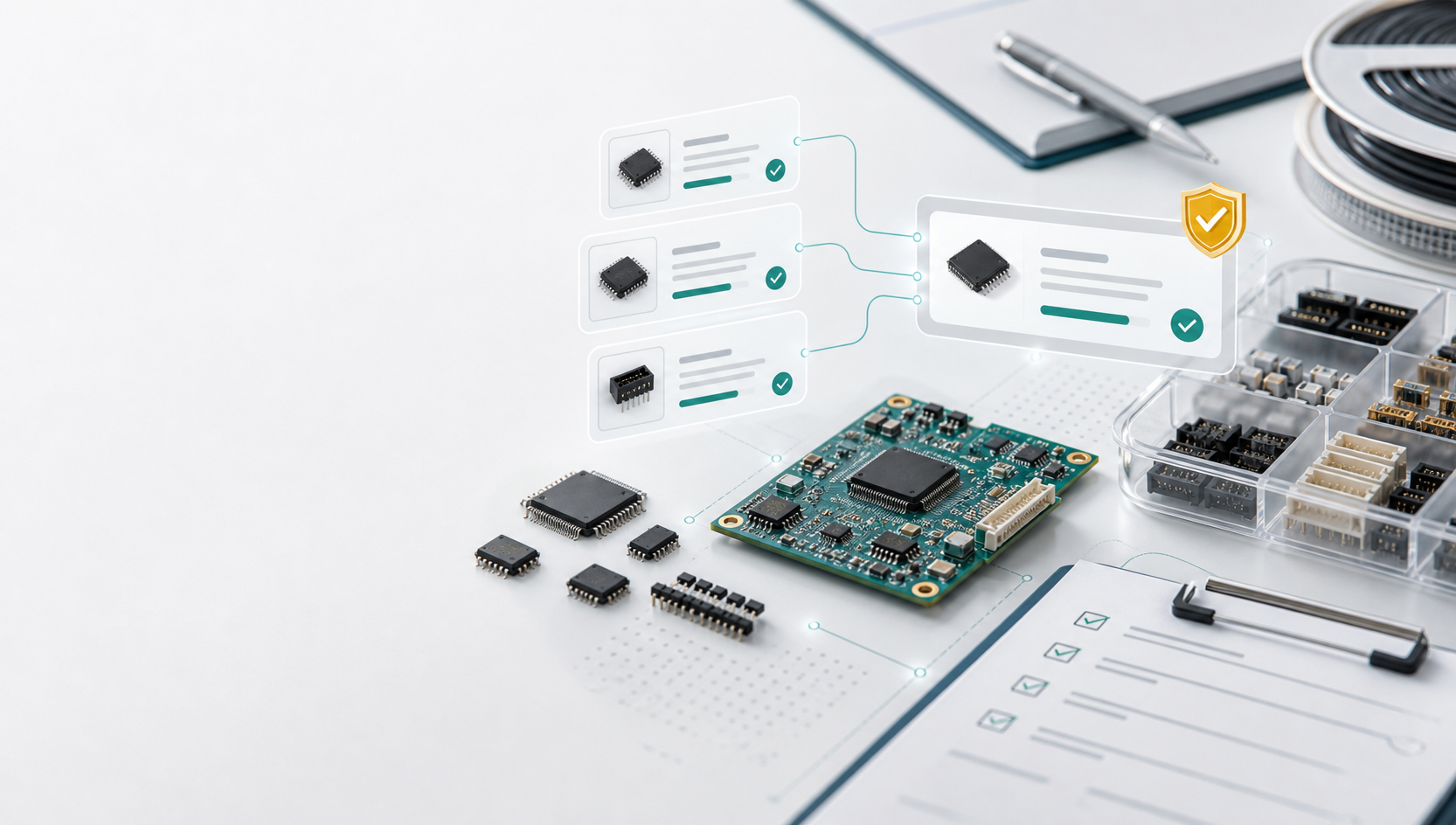Clean hero visual of electronic components, sourcing paths, and quote verification cards.